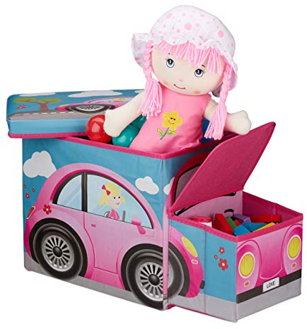 Relaxdays Baúl para juguetes, Taburete infantil plegable, Caja con compartimento, Para niños y niños, Forma de autobús, 50 L, Coche rosa