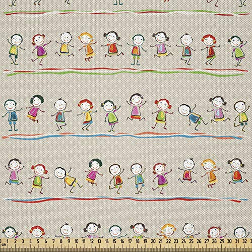 ABAKUHAUS Lustig Stoff als Meterware, Tanzende Mädchen und Jungen, Seidiger Satin Stoff für Polster Heimtextilien, 1M (148x100cm),Eierschalenfarben