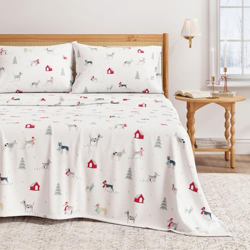 Great Bay Home 100% Turkish Cotton Flannel Sheet Set Deep Pockets Soft Christmas Sheets Warm Anti Pilling Flannel Sheets (King, Puppies in Snow)