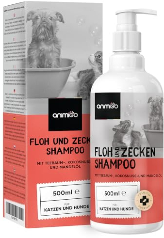 animigo Flohshampoo Hund & Katzen 500ml - Flohmittel mit Teebaumöl - Gegen Zecken, Flöhe & Juckreiz - Alternative zu Flohspray, Zeckenhalsband, Flohkamm - Mit Kokosöl, Mandelöl - Natürliche Zutaten