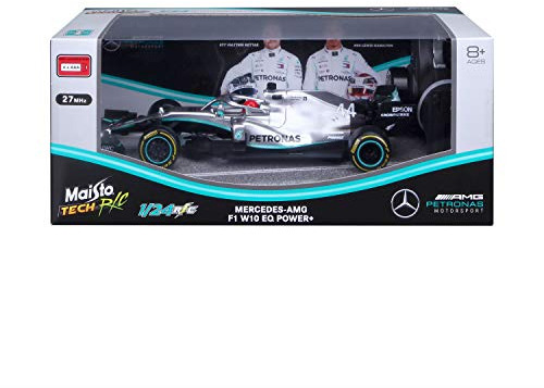 Bauer Spielwaren Tech R/C F1 Mercedes AMG Petronas W10 (2019): Ferngesteuertes Auto Lewis Hamilton im Maßstab 1:24, Originalgetreues Formel 1-Auto, 27 MHz, Pistolengriff-Steuerung, 22 cm, Silber (581382)