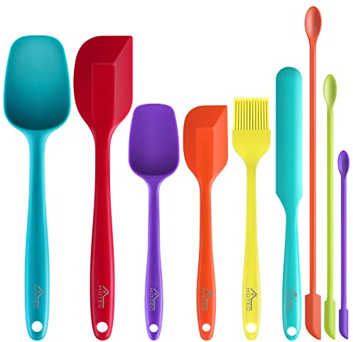 Hotec, 9 spatole in silicone da cucina per cuocere e miscelare, resistenti al calore, antiaderenti, con nucleo interno in acciaio inox resistente agli alimenti, lavabili in lavastoviglie (multicolore)