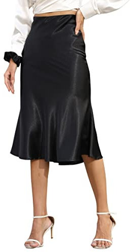 Alcea Rosea Falda Midi para Mujer Falda de Satén de Sirena Cintura Alta Falda de Tubo Sedosa Falda de Noche Trabajo Fiesta Corte al Sesgo (Negro, S)