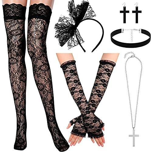 Geyoga Kostüme Cosplay 80er Jahre Kostüm Zubehör Set Spitzen Stirnband Handschuhe Oberschenkel Hohe Strümpfe Ohrringe Hängende Halskette Flanell Halskette für 80er Jahre Party Halloween