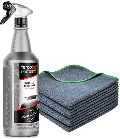 ferdotec® 1L Auto Insektenentferner + 6 x Mikrofasertücher 380GSM 40x40cm (grün/anthrazit) | Insektenreiniger extra stark für Glas-, Lack- & Chromflächen | Premium Autopflege zurInsekten-Entfernung