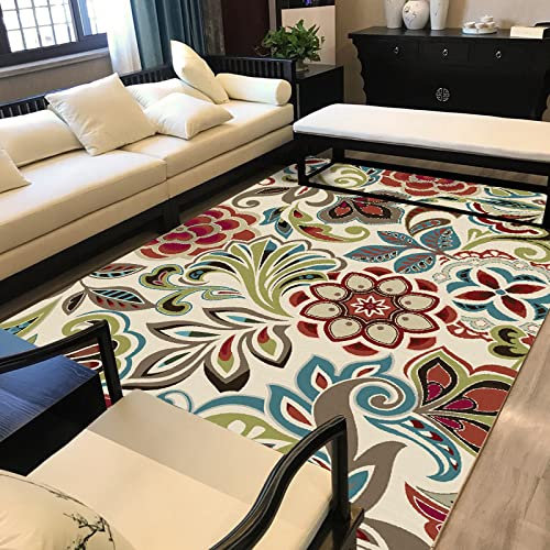 Rururug Rechteckig Teppich Moderner Läufer Orientteppich Kurzflor Flur Schlafzimmer Küche Wohnzimmer rutschfest Waschbar, Retro-Design der grün-rot-blauen Pflanze 90 x 150 cm