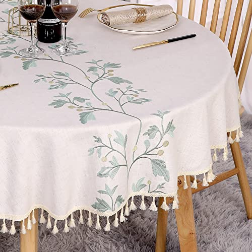 SUCHDECO Tischdecke Rund 140 cm Weiß Leinen Baumwolle Tischdecke Runde Abwaschbar Knitterfrei Tischtuch mit Grüne Gestickte Blätter, Quasten für Küche, Esszimmer, Esstisch,Couchtisch, Gartentisch