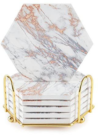 Geichan 6er Set Marmor Untersetzer für Getränke, Absorbierender Untersetzer mit Halter, Gold Coasters Für Gläser Weingläser Vasen Heimdekor