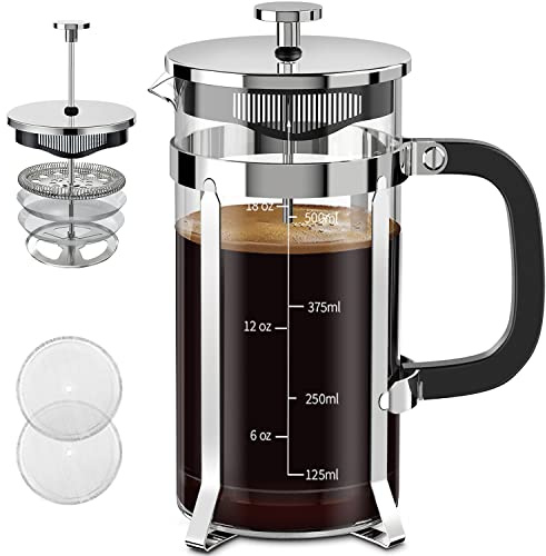 QUQIYSO French Press Coffee Maker 21oz,Borosilicate Glass Coffee Press | Thickened Glass Stainless Steel Coffee French Press,Easy to Clean,4 Filter Suitable for Kitchen Party Camping Gifts(Silver)