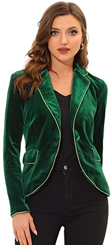Allegra K Women's Suit Jacket Notched Lapel 1 Button Office Velvet Blazer X-Small Dark Green