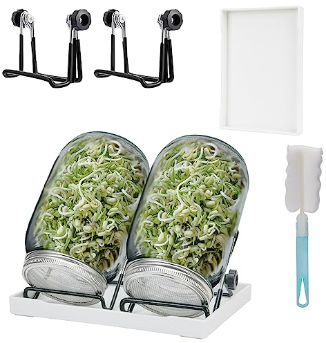 Deefongo Sprossen Keimglas, 2er Sprouting jar Glas mit 2er Filtergitter Abdeckungen aus Edelstahl, Ständer und Einmachbürste, Sprossenglas Keimglas Set für Sprossen Zucht, Keimschale, Microgreens