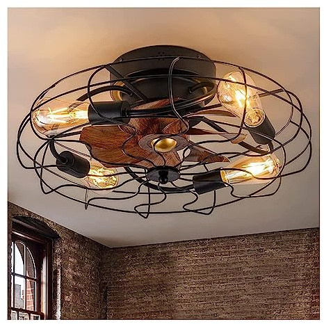 Ventilatore da soffitto invisibile con luci 20'' Industrial Retro Ceiling Fan with Lights, Remote Control Caged Ceiling Fan Farmhouse Low Profile Fan Ceiling Light Fixture for Bedroom Living Room Kitc