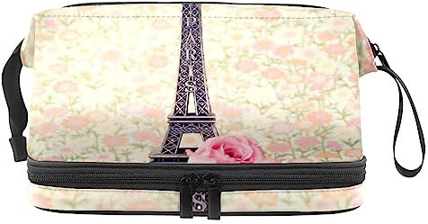 Trousse de Maquillage pour Femme Trousse cosmétique,Tour Eiffel Rose Fleur,Sac Organisateur cosmétique Sac de Maquillage de Voyage Portable