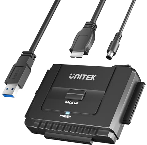 UNITEK Adattatore per disco rigido esterno IDE SATA USB3.0 per HDD SSD universale da 2,5 3,5 pollici, funzione di backup con un solo tasto (OTB), con alimentatore esterno DC 12V 2A