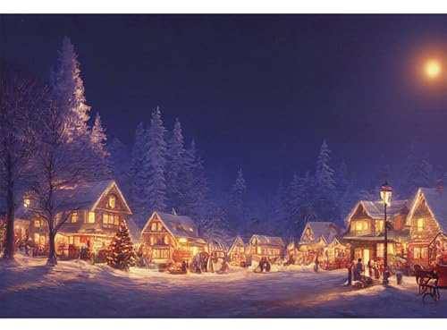 YongFoto 2,2x1,5m WeihnachtenHintergrundSzene Dorf Schneefeld Kiefer Wald Mond Weihnachtsansicht Bunt Winter Foto Hintergrund für Weihnachtsparty Festival Zuhause Familie Fotografie Zubehör