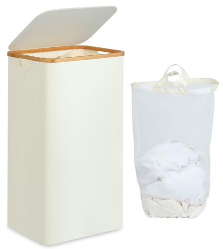 efluky 100L Laundry Basket with Lid, Washing Baskets Large Tall Laundry Hamper with Bamboo Handles & Inner Bag for Clothes Storage Organizer, Foldable Laundry Bin for Bedroom (Beige, XL 100L)