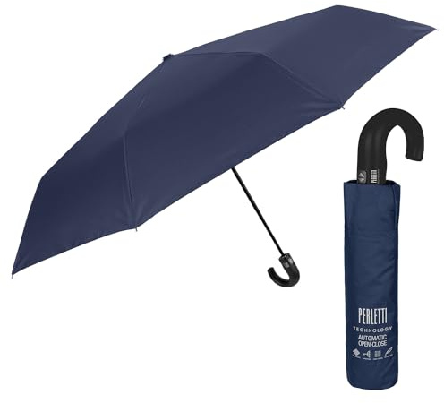 PERLETTI Paraguas Plegable Hombre Abre y Cierra Automático - Paraguas Antiviento Resistente Azul - Paraguas Cortaviento Ligero de Viaje con Mango Curvado - Diámetro 118 cm (Azul Mango Curvado)