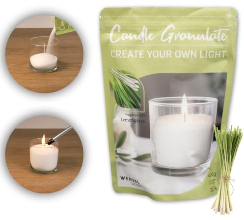 DecoLite Kerzensand 400 g mit 4 Dochten, Lemongrass | Wachsgranulat & Kerzengranulat zum Gläser Recyceln, DIY Bastelset für selbstgemachte Kerzen, ideal als Geschenkidee