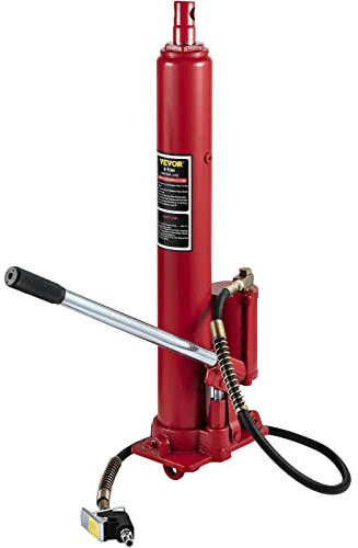 VEVOR Hydraulic/Pneumatic Long Ram Jack, 8 Tons/17363 lbs Capacity, with Single Piston Pump and Clevis Base, Manual Cherry Picker w/Handle, for Garage/Shop Cranes, Engine Lift Hoist, Red