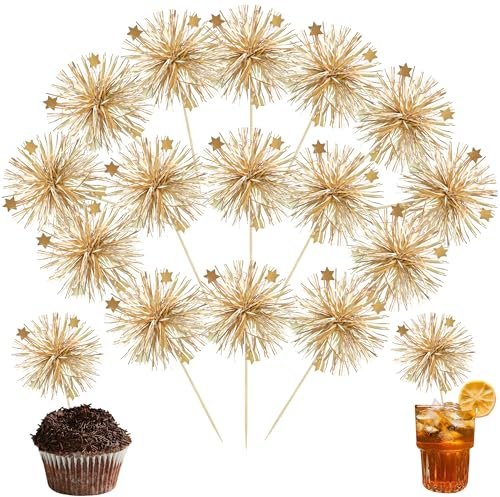 Ephlyn 30Pcs Foil Firework Cupcake Toppers Party Birthday Cake Toppers Supplies Sparkle Tinsel Cocktail Fruit Toothpick for Birthday Wedding Graduation Party Supplies Gold