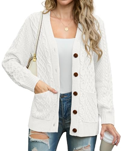 GRECERELLE - Cardigan da donna, lavorato a maglia, stile Aran, a maniche lunghe, con bottoni, taglia forte, con tasche, per inverno, autunno, primavera, bianco, L