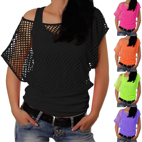 Générique T-Shirt en Maille pour Femme Tenue des années 80 pour Le Carnaval Fête à thème Haut en Maille Haut d'été Résille Fluo avec Épaules Dénudées pour Rétro Disco Costume Carnaval Fête