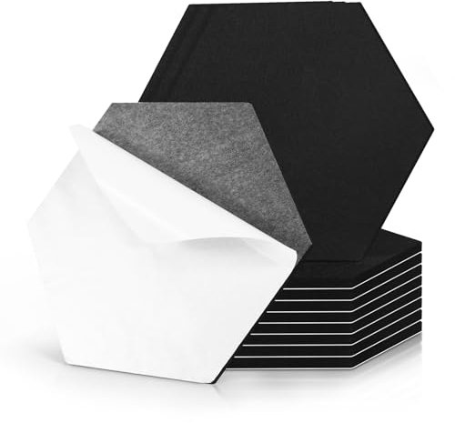 Votoko Panneaux Acoustiques Hexagonal Auto-AdhéSif, 12 Pack Acoustique Haute Densité, pour La DéCoration Mur/Plafond Traitement Acoustique Home Studio Insonorisation Phonique Mur (30x26x0.9cm) noir