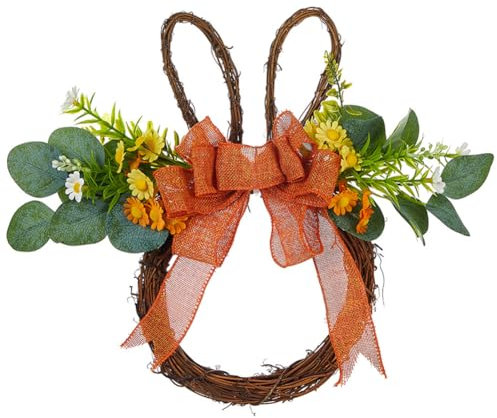 Corona de Pascua, corona de sauce en forma de conejo, corona de pared, corona de primavera, corona de Pascua artificial con huevos y lazo, para decoración de mesa de primavera, decoración de