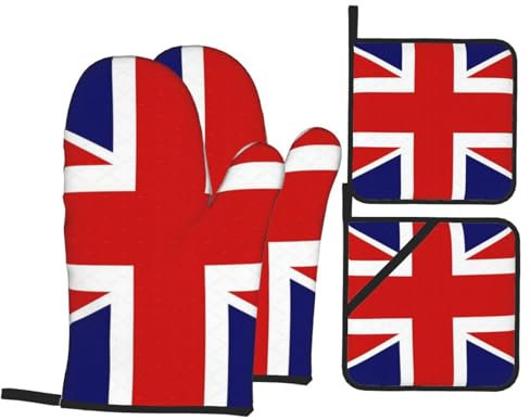 Ofenhandschuhe und Topflappen mit englischer Flagge, hitzebeständig, Set mit Aufhängeschlaufe, wasserdicht für die Küche