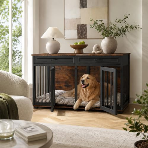 Hundekäfig Schrank XXL, Hundekäfig mit 2 Schubladen und 2 Türen, Hundebox für Zuhause Große/Mittlere Hunde,Beistelltisch, Hundehütte Indoor, Hundehaus für Zuhause, Schwarz, 164 x 60 x 80 cm, Eisen