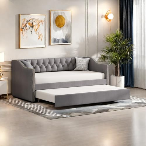Lietre 90 x 200 cm Ausziehbares Schlafsofa Polsterbett, Tagesbett Ausklappbar, DoppelBettrahmen Gästebett mit Lattenrost, Leinenstoff (Grau)