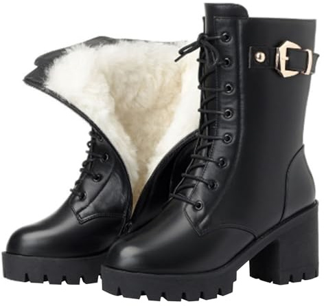 Stiefel Damen Leder Springerstiefel Plüsch Warmer Winterstiefel Halbstiefel Schnüren Reißverschluss Motorradstiefel Klassisch Schnürsenkel Strapazierfähige Boot Gefüttert Kurzschaft Damenstiefel