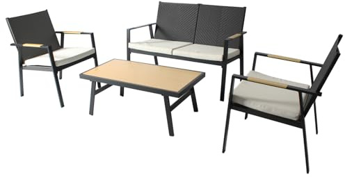 RANSENERS Premium Gartenmöbelset mit Sitzpolster - inkl. 2 Stühle Gartenbank Tisch - Aluminium Rahmen und Polyrattan Sitzfläche für Innen und Außen