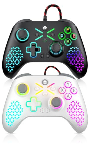 Dinosoo Wired RGB Controller for X-box One Series X|S & PC, Turbo, Macro Function, 4 Vibration Motors, 3.5mm Audio Jack - Black White