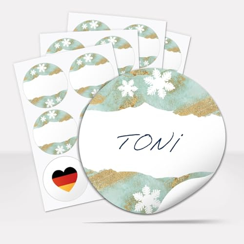 Geschenkaufkleber Weihnachten zum Beschriften (24 Aufkleber) Weihnachtsetiketten Rund 6 cm - Türkis Gold Look - weihnachtliche Deko Sticker Geschenke Pakete Briefe