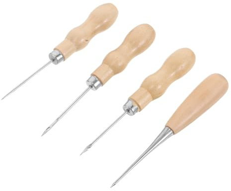 Angoily 4 Pezzi Punteruoli Cucito Pelle con Manico Legno Ergonomico Punzoni Precisi e Resistenti per Tondi Strumenti Artigianali per Rilegatura Libri Riparazioni Abbigliamento e Creazioni