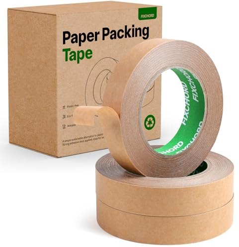 FIXCHORD Ruban D'emballage en Papier 24mm x 50m | Recyclable, Inscriptible et imperméable | Ruban Adhésif Papier Kraft pour emballer des colis et des boîtes, déménager | 3 Rouleaux