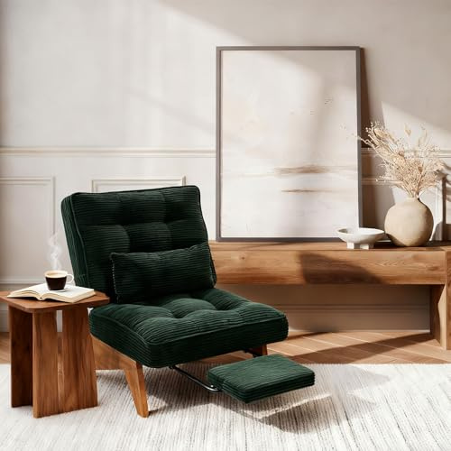 Aceinheu Loungesessel Verstellbar mit Fußstütze & Lendenkissen | Moderner Relaxsessel für Wohnzimmer | Rückenfreier Liegesessel aus Kordstoff | Massivholzbeine | Max. 220KG, (Smaragdgrün)