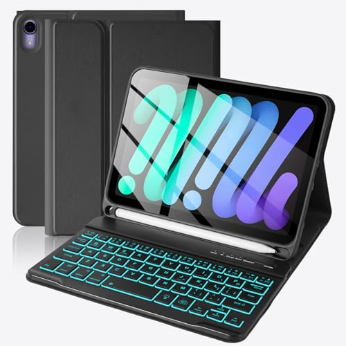 SOPPY Funda con teclado para iPad mini 7 A17 Pro 2024/iPad Mini 6 generación con teclado 2021 de 8.3 pulgadas, cubierta de teclado desmontable retroiluminada de 7 colores para iPad mini 7ª/6ª