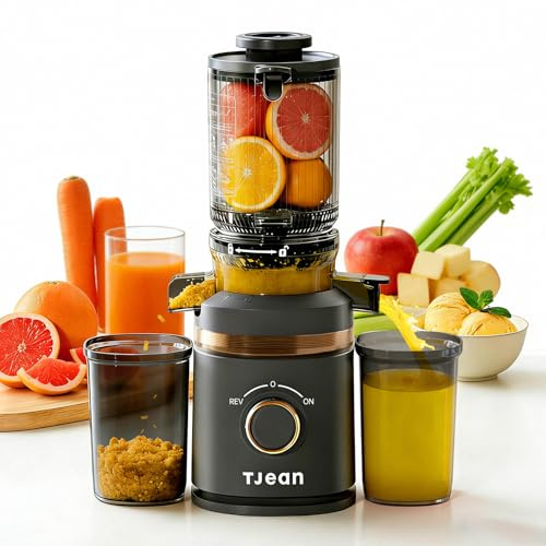 TJean Cold Press Slow Juicer With 110mm Filling Chute For Whole Vegetables And Fruit, High Juice Yield, Low Energy Consumption, Easy To Clean, Bpa-Free Tritan Material With 2 Glasses, Dark Grey