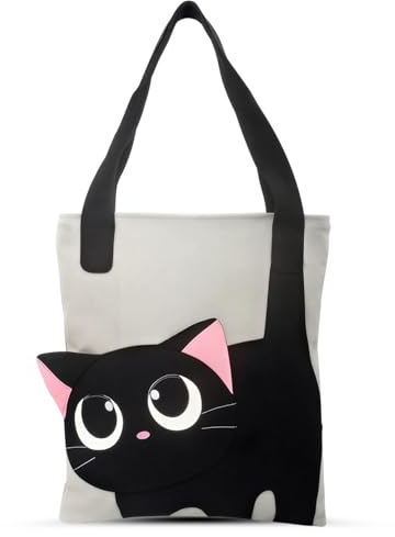 Schwarze Katze Stoffbeutel Bedruckt Katzen Stofftasche Tragetasche Damen Einkaufstasche Stofftaschen Katze Tote Bag Aesthetic Tragetaschen Baumwolltasche Geschenke für Katzenliebhaber 40 x 35 cm