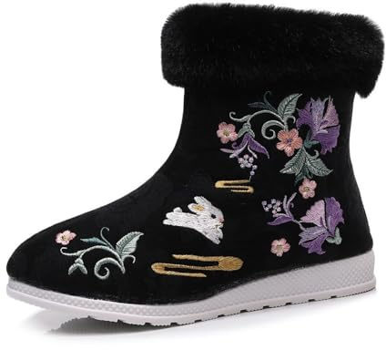 Stivaletti da Donna in Caldo Peluche Ricamati Stivali Corti in Stile Tradizionale Cinese Hanfu Scarpe Basse con Chiusura A Cerniera Shoes Orientali per Spettacoli Teatrali(Black,38 EU)