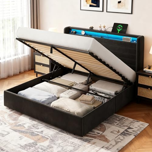 Feonase Bett 140x200 mit Stauraum Kopfteil & Hydraulischem Stauraum, Polsterbett 140x200cm Doppelbett mit Velous Kopfteil, Bettgestell mit Lattenrost, Ohne Matratze, Dunkelgrau