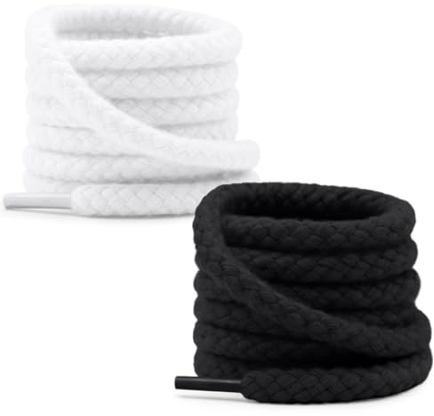 IBXWMNG 2 Paia Lacci Corda per Scarpe Rotondi 6mm per Air Force 1 Misto Cotone Rope Lace Ricambio per Sneaker e Scarpe Sportive Bianco & Nero 140cm
