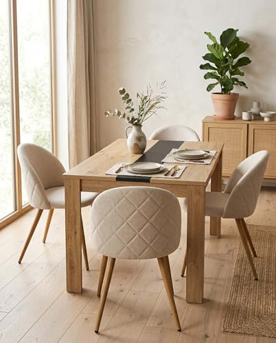 Ginhow Modernes Esszimmer-Set mit 4 Esszimmerstühlen Samt und Esstisch in Eichenoptik, 110 x 70 cm, Skandinavisches Design, Cremeweiß Esstisch Stühle, Essgruppe für Küche und Esszimmer