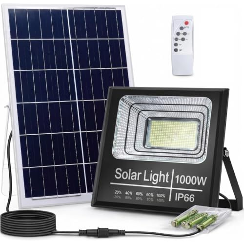 Faro Solare LED 1000W con Pannello Solare, Luce Esterno 6500K Ultra Potente, Sensore Crepuscolare Automatico, Telecomando, IP66 Impermeabile, Faretto da Esterno per Giardino, Cortile, Strada