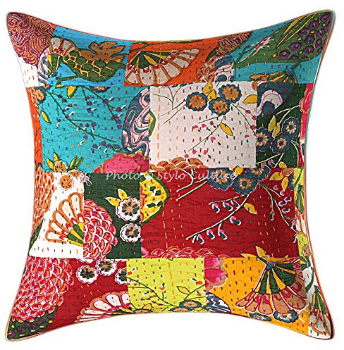 Stylo Culture Ethnico Fundas De Cojines Decorativos 40x40 cm Algodón Tropicana Fundas Almohadones Sofa Multicolor 16x16 Inch Patchwork Kantha Cuadrado sobre Cojin para La Cama - 1 Pc