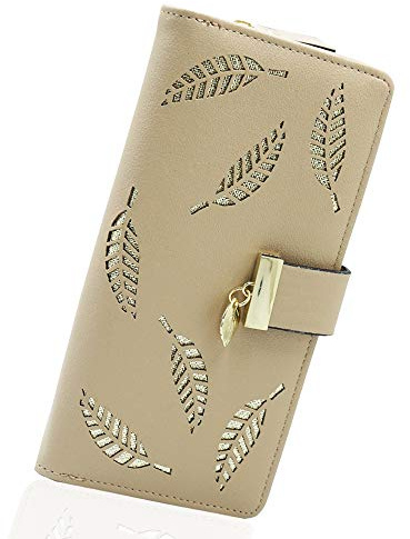 Molylove Women's Leather Wallet Purse Hollow Leaf Pattern Zipper Handbag Button Clutch Bag (apricot)