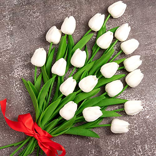 Whaline - Bouquet di 20 tulipani finti, realistici al tatto, in lattice, decorazione floreale per casa, giardino, matrimoni, feste (bianco)