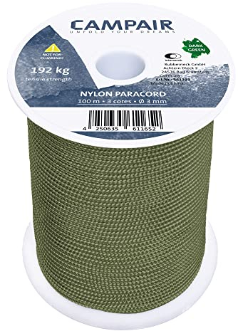 CampAir 100m Paracord Seil aus reißfestem Nylon 425 Type II 3mm Max. 192 kg, Dunkelgrün